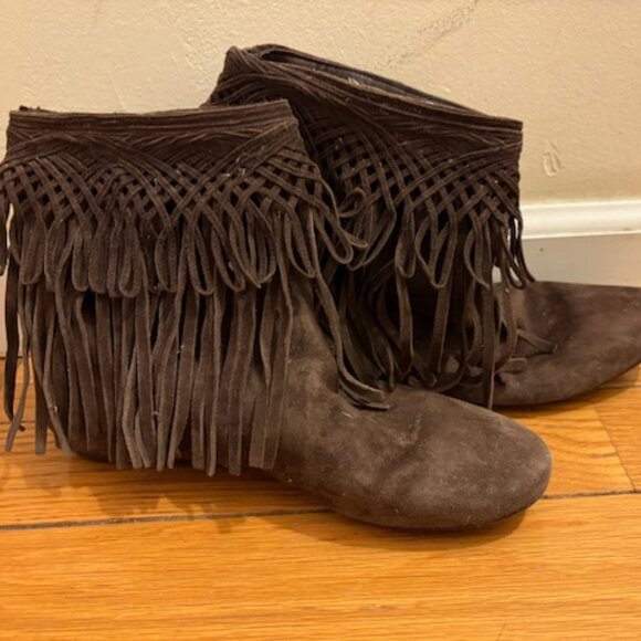 Dior Brown Suede Fringe Booties, Size 39.5, Damaged Right Heel - Picture 1 of 11